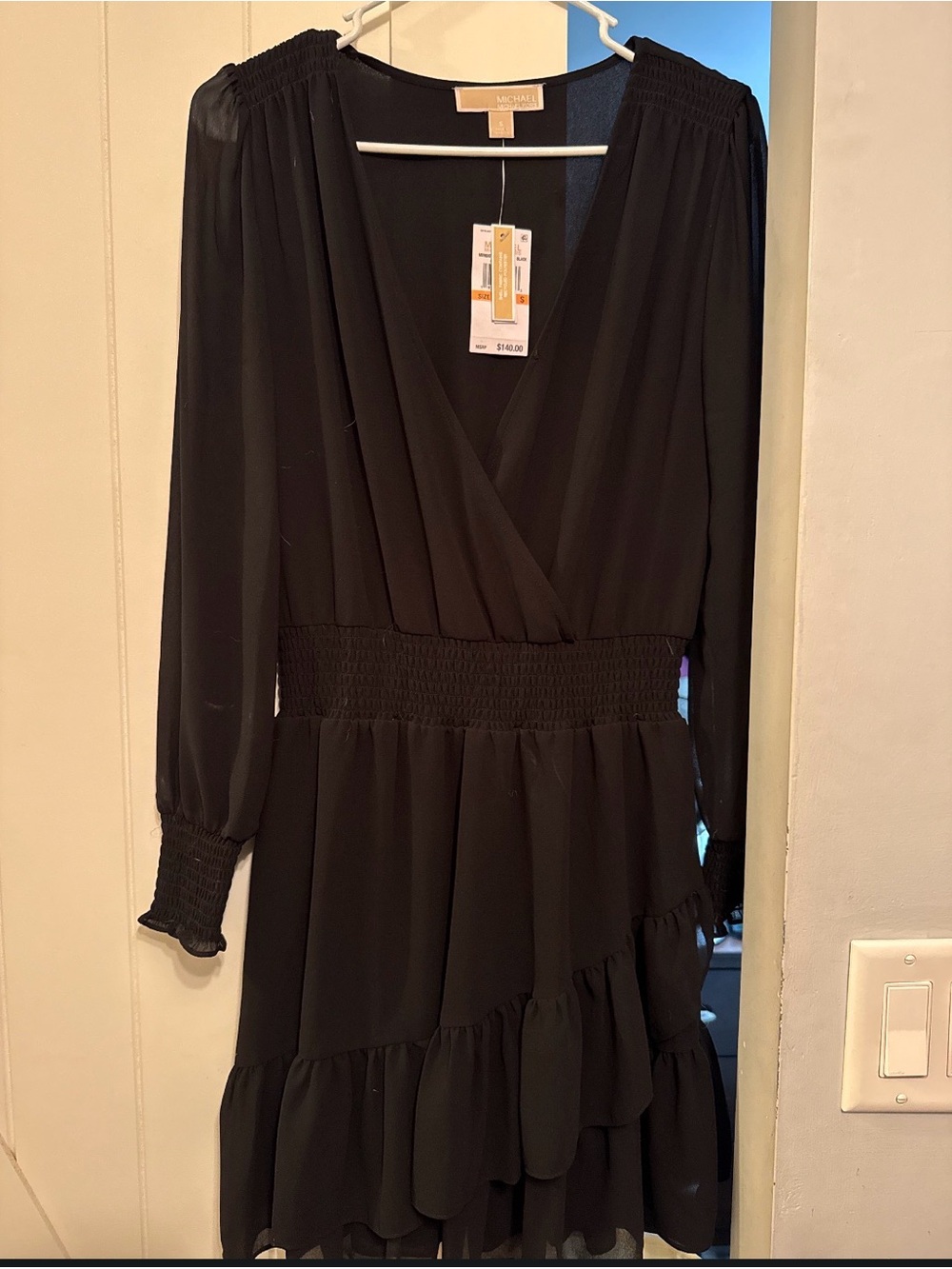 Michael Kors Black Long-Sleeve V-Neck Smocked-Waist Ruffle Dress